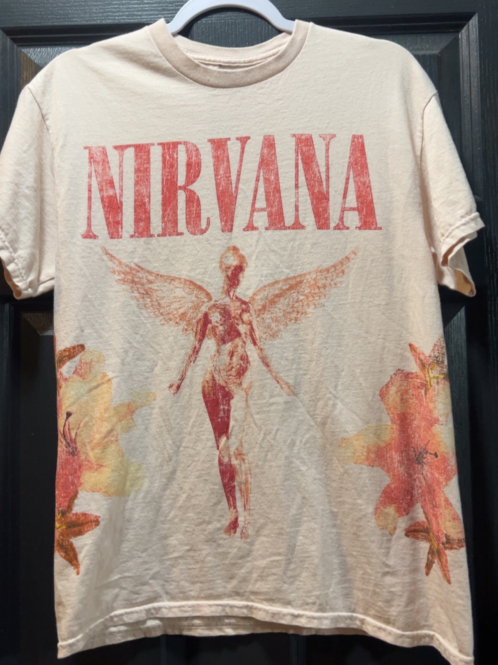 Buckle NIRVANA Cream Short Sleeve Tee with Red Logo and Orange Floral Prints